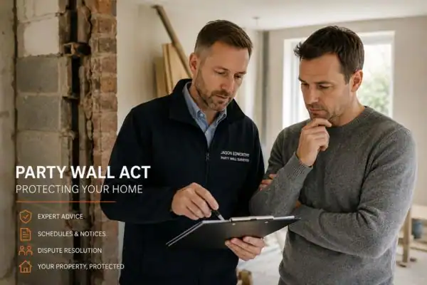 Party wall surveyor Wolverhampton discussing extension plans with homeowner outside a UK semi-detached house.